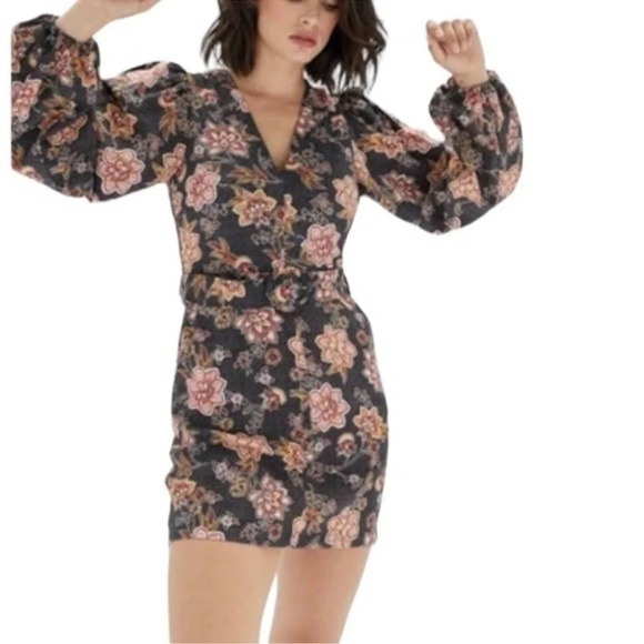 MinkPink / Revolve Mehdya V-Neck Floral Long Sleeve Belted Mini Dress NWT - Picture 1 of 15